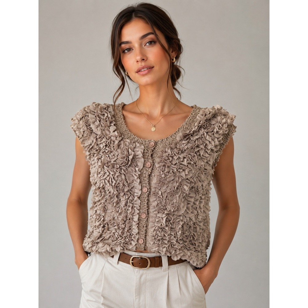 Snidel Vest Ruffled‎ Front Textured Knit Button Up Taupe Neutral S/M